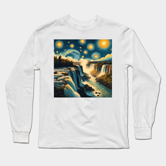 Iguazu Falls, Brasil, Argentina, in the style of Vincent van Gogh's Starry Night Long Sleeve T-Shirt by CreativeSparkzz